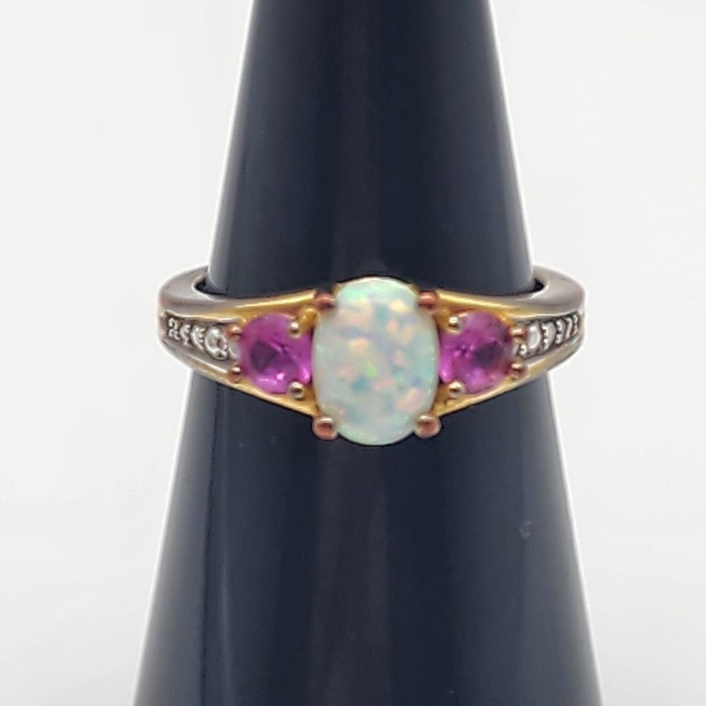Kiran Jewelers Gold Tone White Fire Opal, Pink Topaz, & Diamond Ring (7)